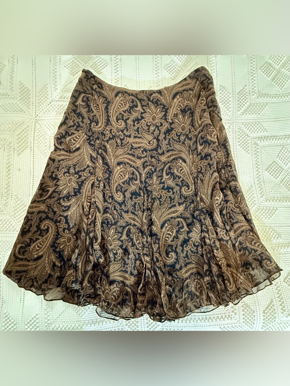 Ralph Lauren Black and Brown Paisley Flared Silk Skirt. Fully Lined.